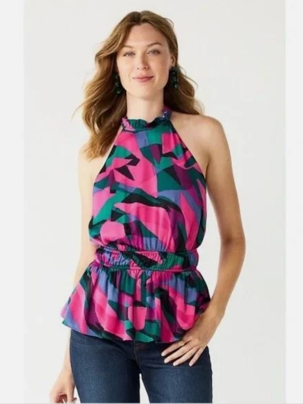 Nine West Multicolor Abstract Halter Peplum Top Size XS Like New